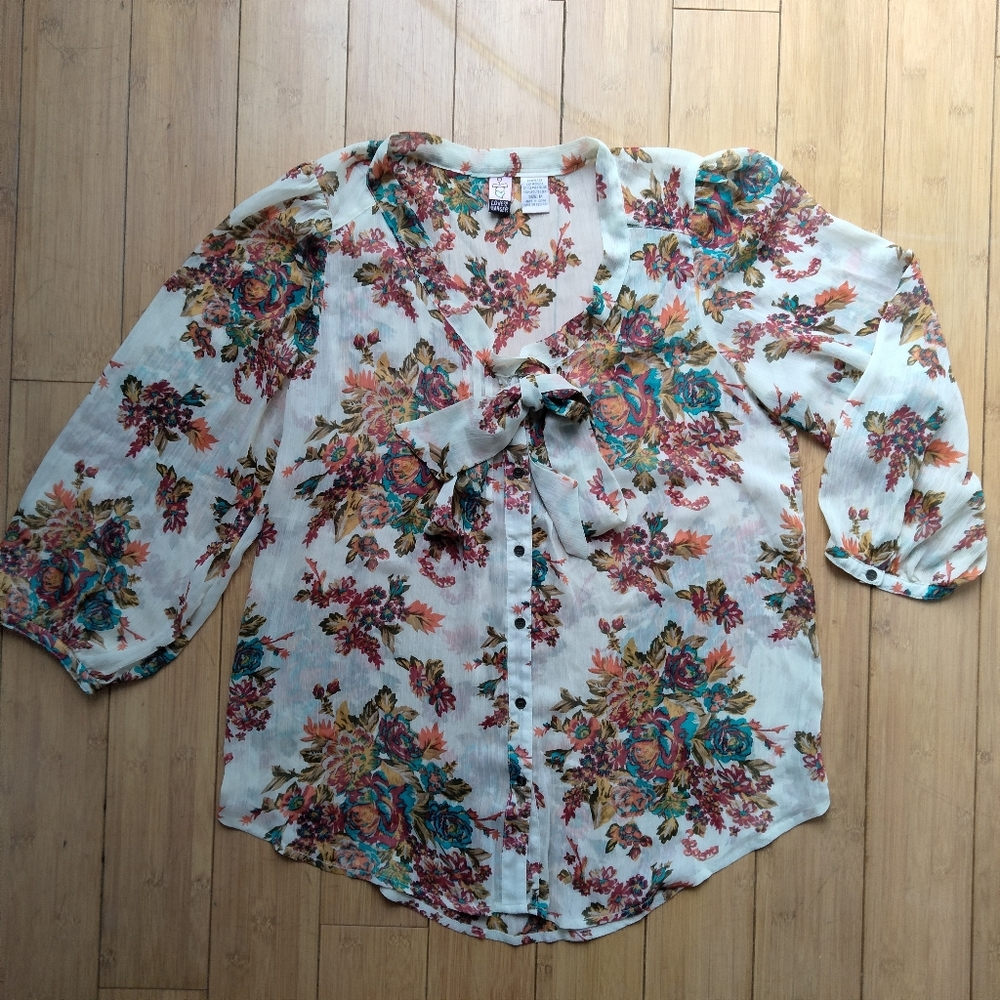 Love On A Hanger Floral Tie-Front Button Up Sheer Peasant Blouse Women's Size M